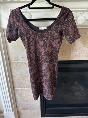 Pink and Black Lace-Print Bodycon Mini Dress